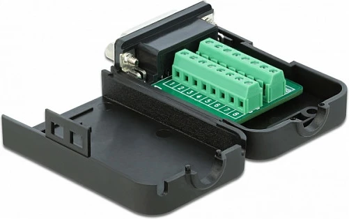 Adapter terminal bllok DeLOCK Sub-D15 femër në terminal bllok 16-pin, me kasë, i zi