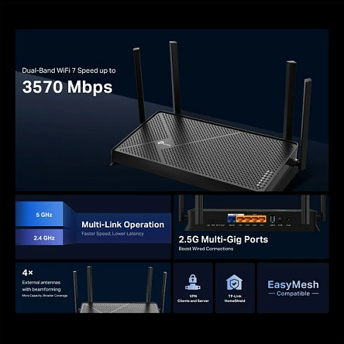 Router Wi‑Fi TP-Link Archer BE3600, Wi‑Fi 7, Dual-Band 2.4/5GHz, 2.5GbE, 4 Antena, e zezë