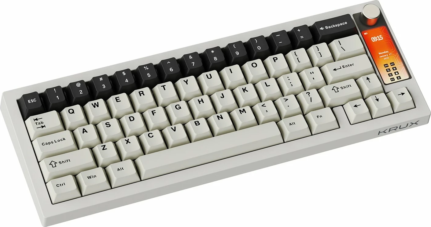 Tastierë mekanike gaming Krux Drox KRXA001 65% US ANSI, ARGB, hot-swap, USB-C/Bluetooth/2.4GHz, Krux Violet (purple), me ekran 2.3", e bardhë/gri