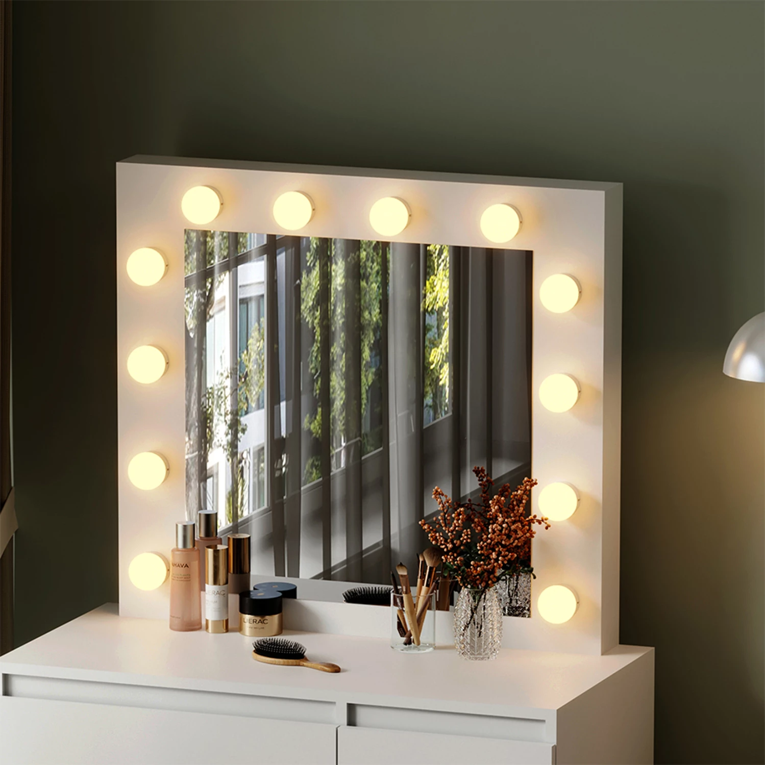 Tavolinë grimi me drita LED & sirtarë KEITLIN FH2499.03 melaminë, e bardhë, 80x40x140Hcm