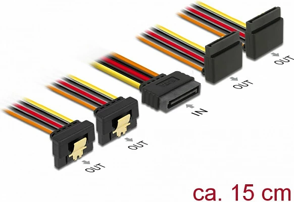 Kabllo furnizimi SATA DeLOCK 60153, 1x SATA 15-pin në 4x SATA 15-pin, 0.15 m, e zezë/portokalli/kuqe/verdhë