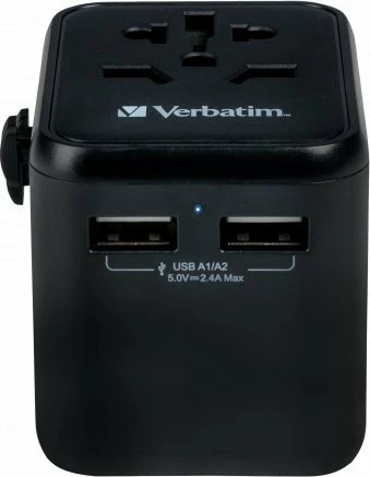Adapter udhëtimi universal Verbatim UTA-01, 2x USB-A, 100-250V, 180+ shtete, i zi