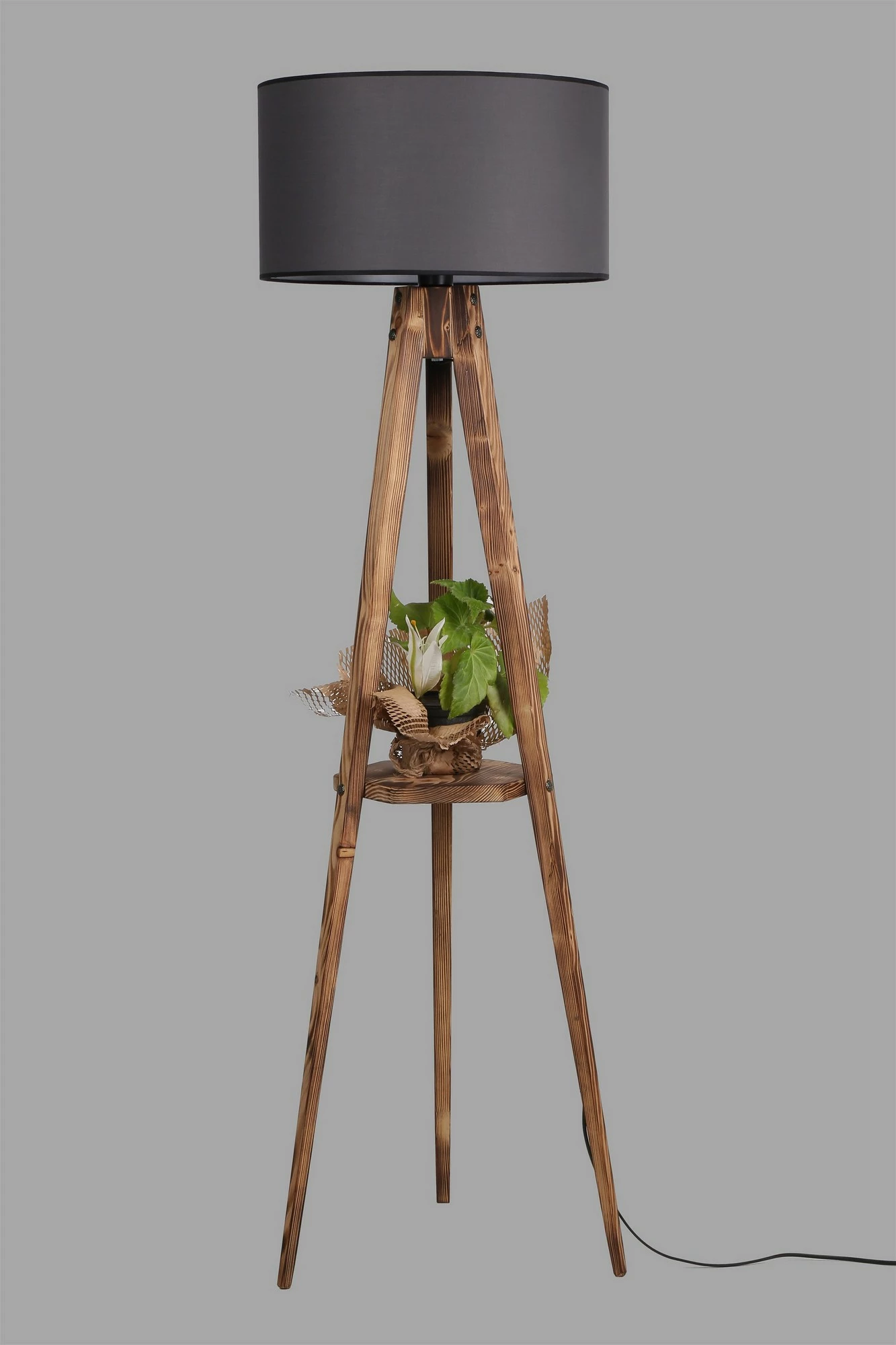 Llambë dyshemeje Opviq, tripod me rafte, abazhuri cilindrik, ngjyrë kafe dhe gri e errët