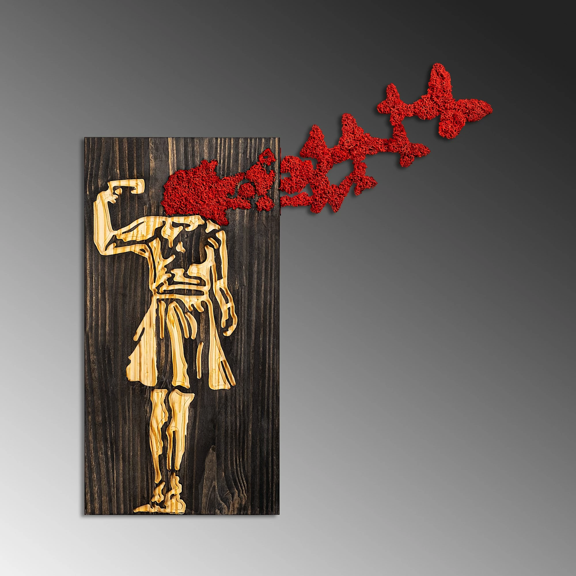 Aksesor dekorativ muri prej druri, Wallity Banksy, ngjyrë arre, kafe, e kuqe, 62x70cm