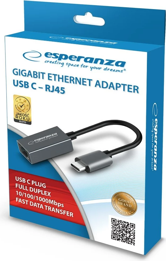 Adapter Ethernet Esperanza ENA102, 1000 MBPS, USB C-RJ45, Gri