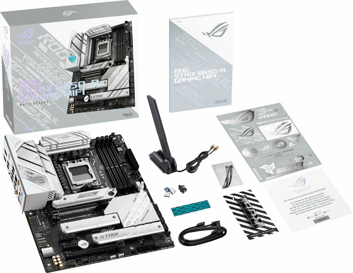 Pllakë amë Asus ROG Strix B650-A Gaming WiFi, ATX, DDR5, Wi‑Fi 6E, 128GB RAM max, bardhë/zezë, me antenë WiFi