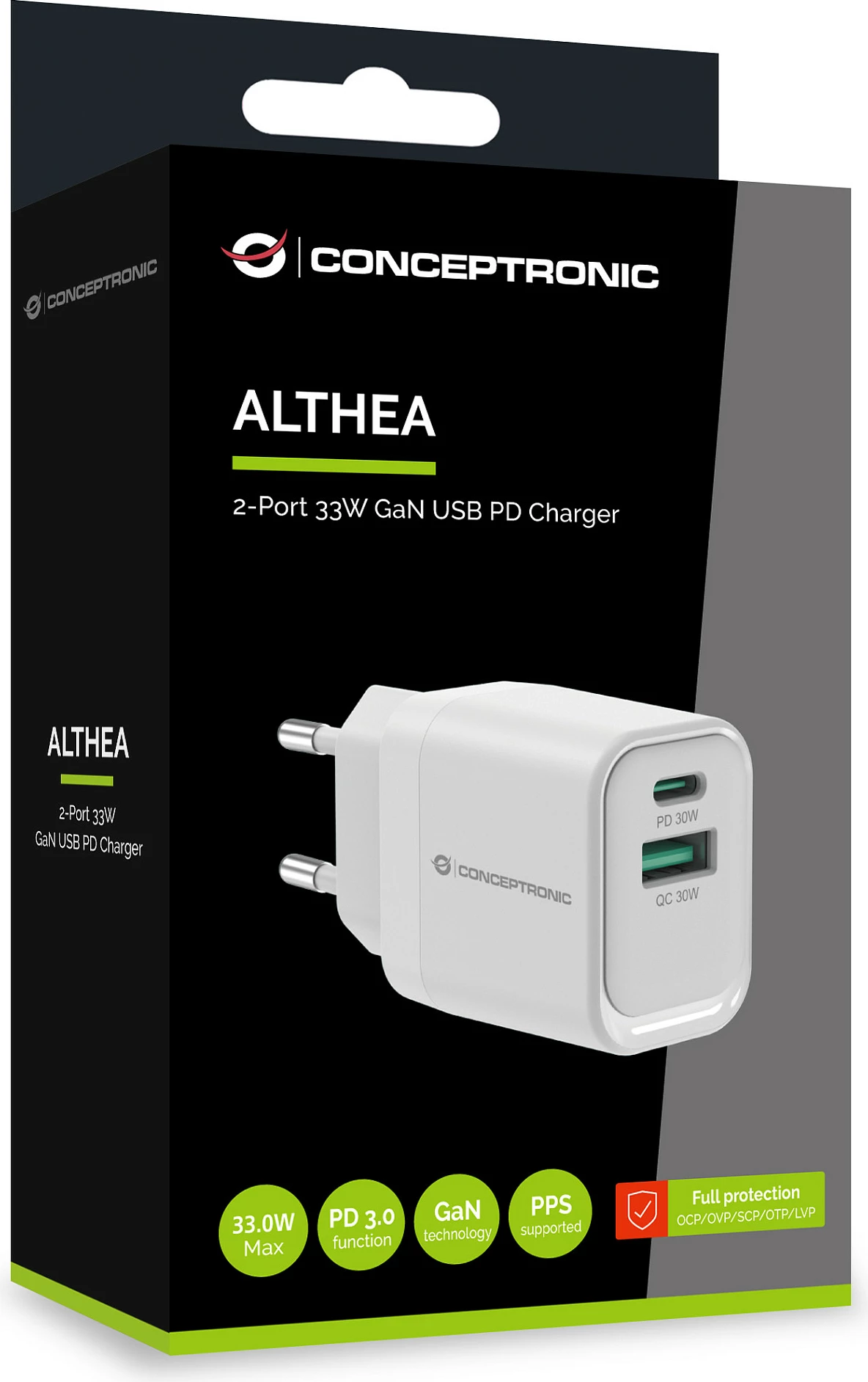 Karikues muri Conceptronic ALTHEA19W33, 33W GaN, 2 porta USB-C PD 3.0 + USB-A QC 3.0, i bardhë