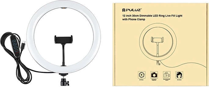 Ring light Puluz PU656B me mbajtëse telefoni, rregullim intensiteti, 30cm, bardhë