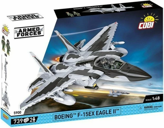 Set blloqe ndërtimi Cobi Boeing F-15EX Eagle II COBI-5900, 739 copë, shkallë 1:48, 2 figura, gri