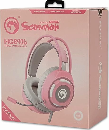 Kufje gaming Marvo HG8936 me mikrofon, ndriçim LED, 2x3.5mm + USB, kabllo 2.1 m, rozë/gri