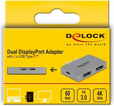Adapter DeLOCK Dual DisplayPort (Thunderbolt 3), 4K 60Hz, USB-C PD 3.0 100W, i hirtë