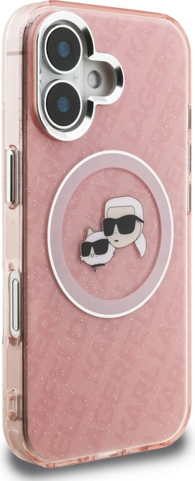 Mbështjellës Karl Lagerfeld IML Glitter Karl & Choupette Heads Logo, MagSafe, hardcase TPU/PC, për iPhone 16, rozë, me kuti