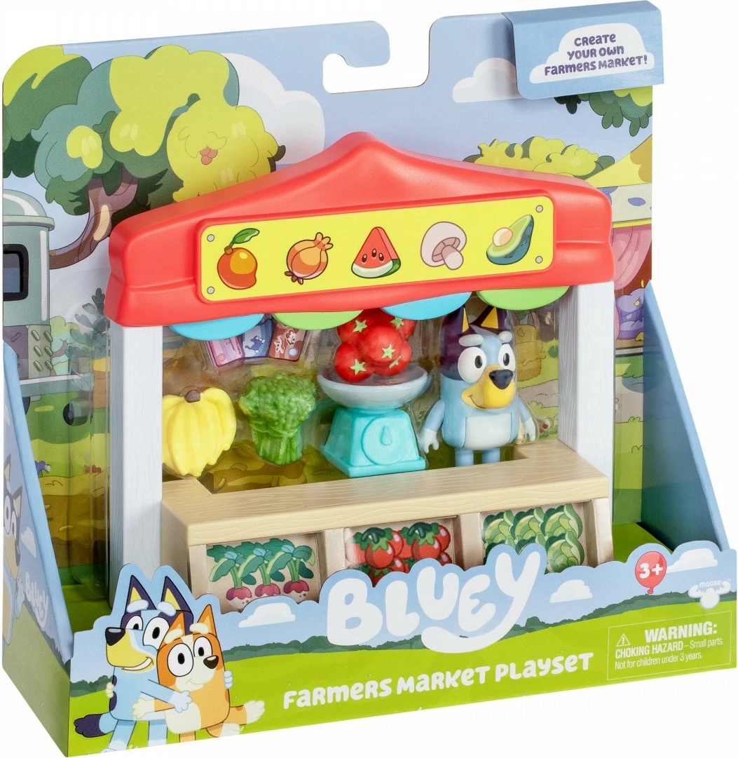 Set figurina Bluey Mini, Tm Toys BLU17555, me stendë tregu dhe aksesorë, shumëngjyrësh