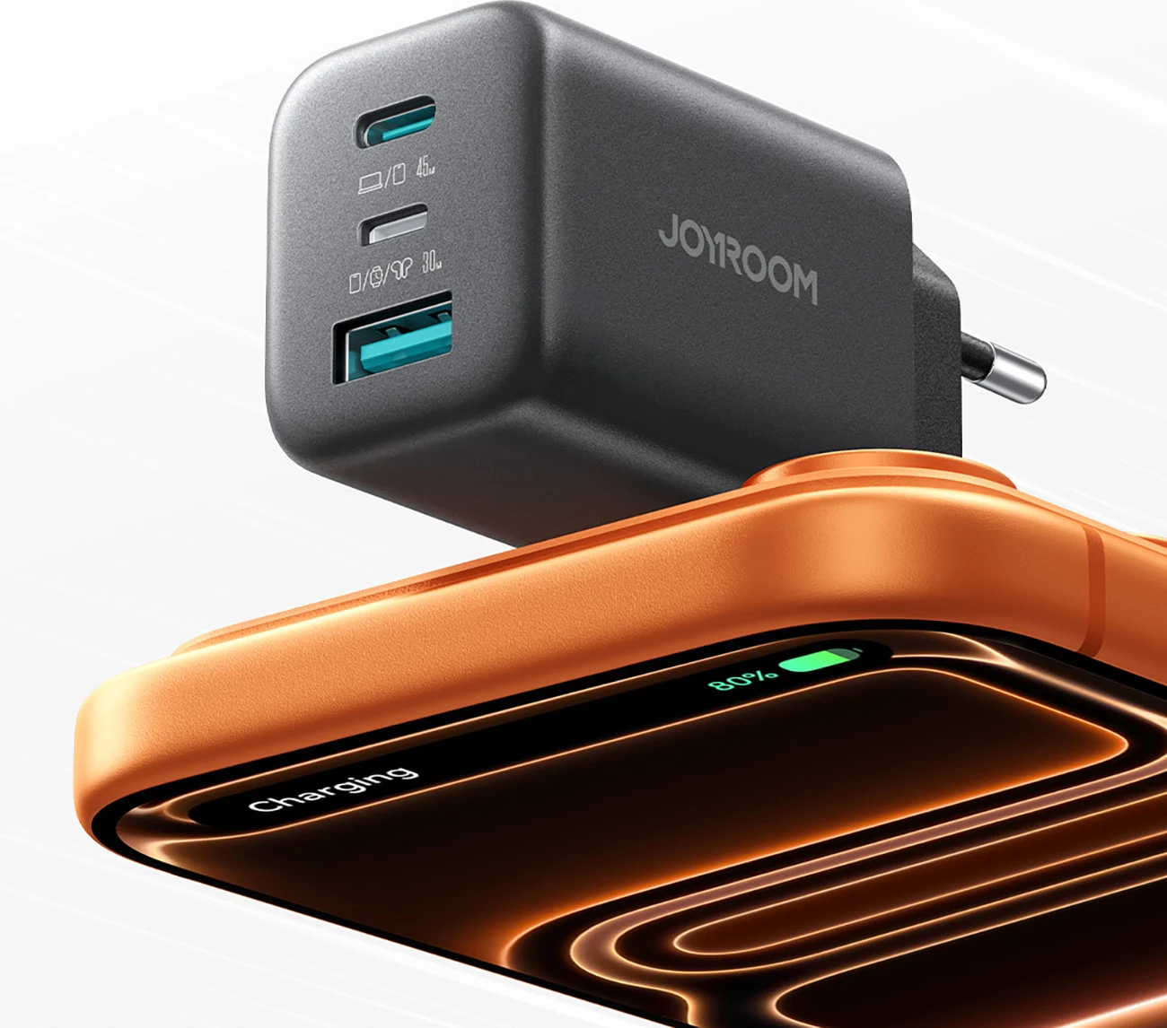 Karikues muri Joyroom JR-TO1 GaN 45W 3 porta (USB-C/Lightning/USB-A) prizë EU, i zi