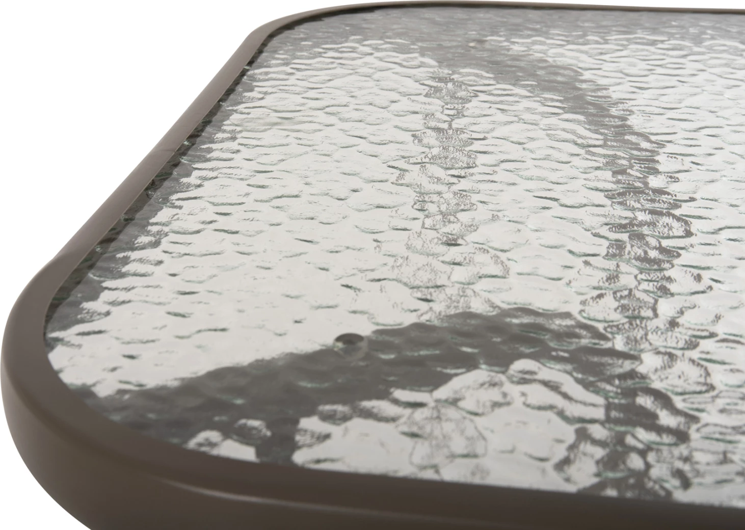 Tavolinë metalike për jashtë ADAM, ngjyrë shampanjë, me sipërfaqe xhami të forcuar, 110x60x71H cm