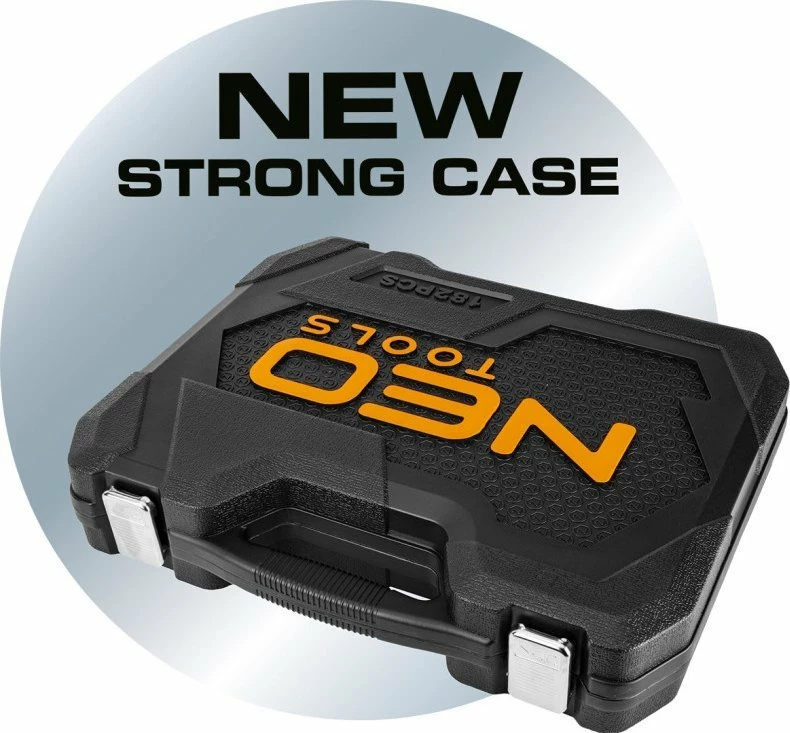 Set veglash NEO 10-060, 86 copë, 1/2" & 1/4" ratchet, kasetë plastike, zi/portokalli