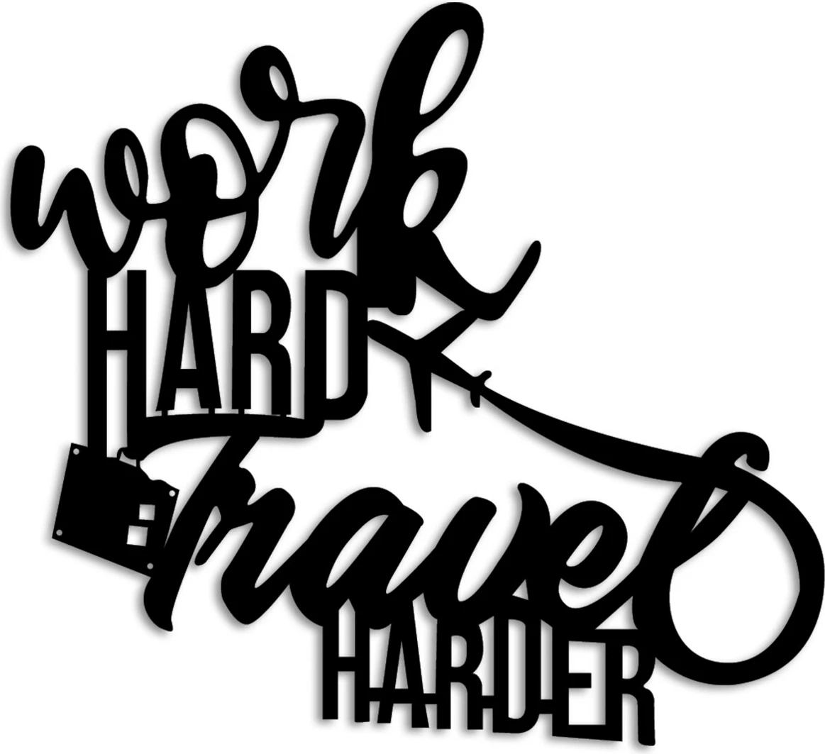 Aksesor dekorativ metalik për mur, Wallity, Work Hard Travel Harder, ngjyrë e zezë, 45x42cm