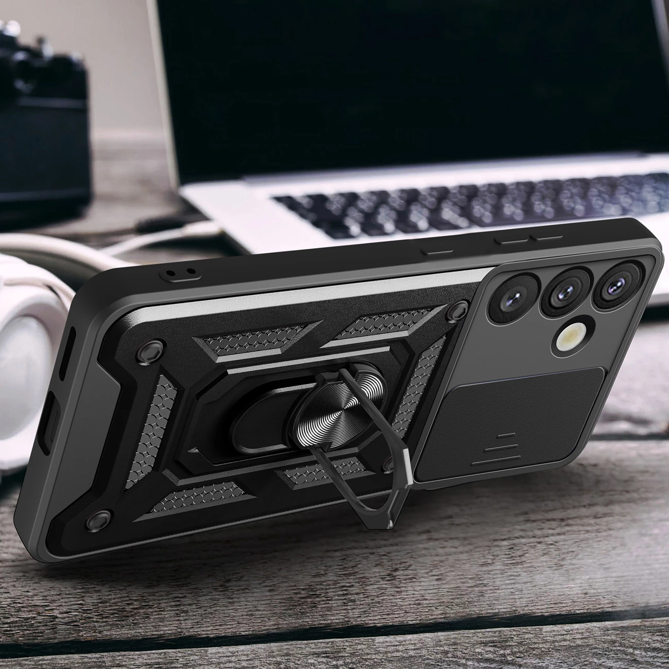 Mbështjellës Hurtel Hybrid Armor Camshield me kapak kamere dhe unazë metalike për Samsung Galaxy S25+, Zi