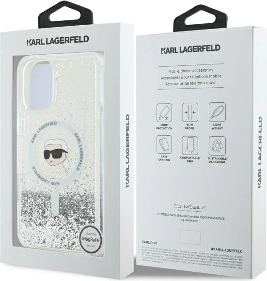 Mbështjellës Karl Lagerfeld Liquid Glitter Karl Head MagSafe për iPhone 16 Plus, Transparent