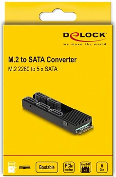 Konverter DeLOCK M.2 2280 Key B+M në 5x SATA III 6Gb/s, me ftohës pasiv, i zi