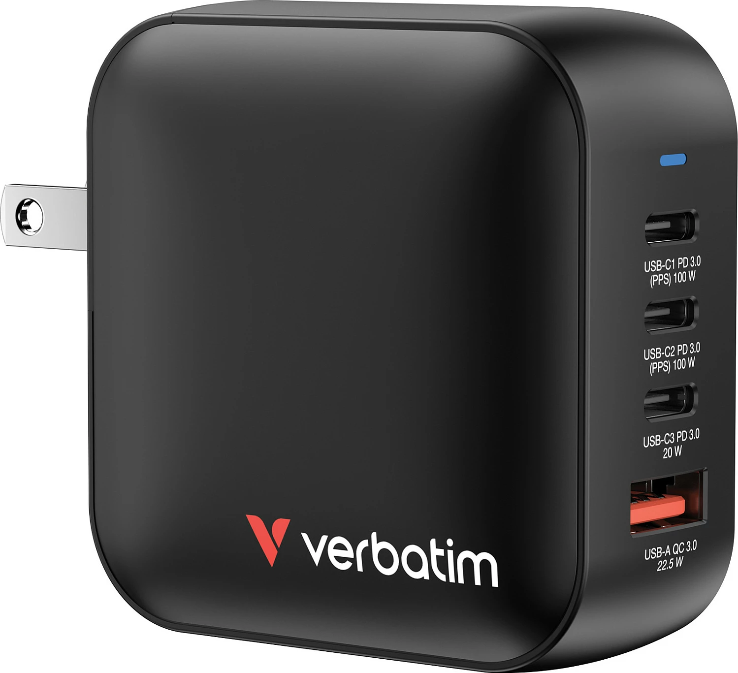 Karikues Verbatim Mini GaN 100W, 4 porta (3x USB-C PD, 1x USB-A QC), adaptorë EU/UK/US, i zi
