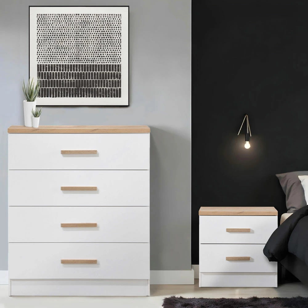 Komodinë PRACTICO me 2 sirtarë, natyrale e bardhë, 50x40x50