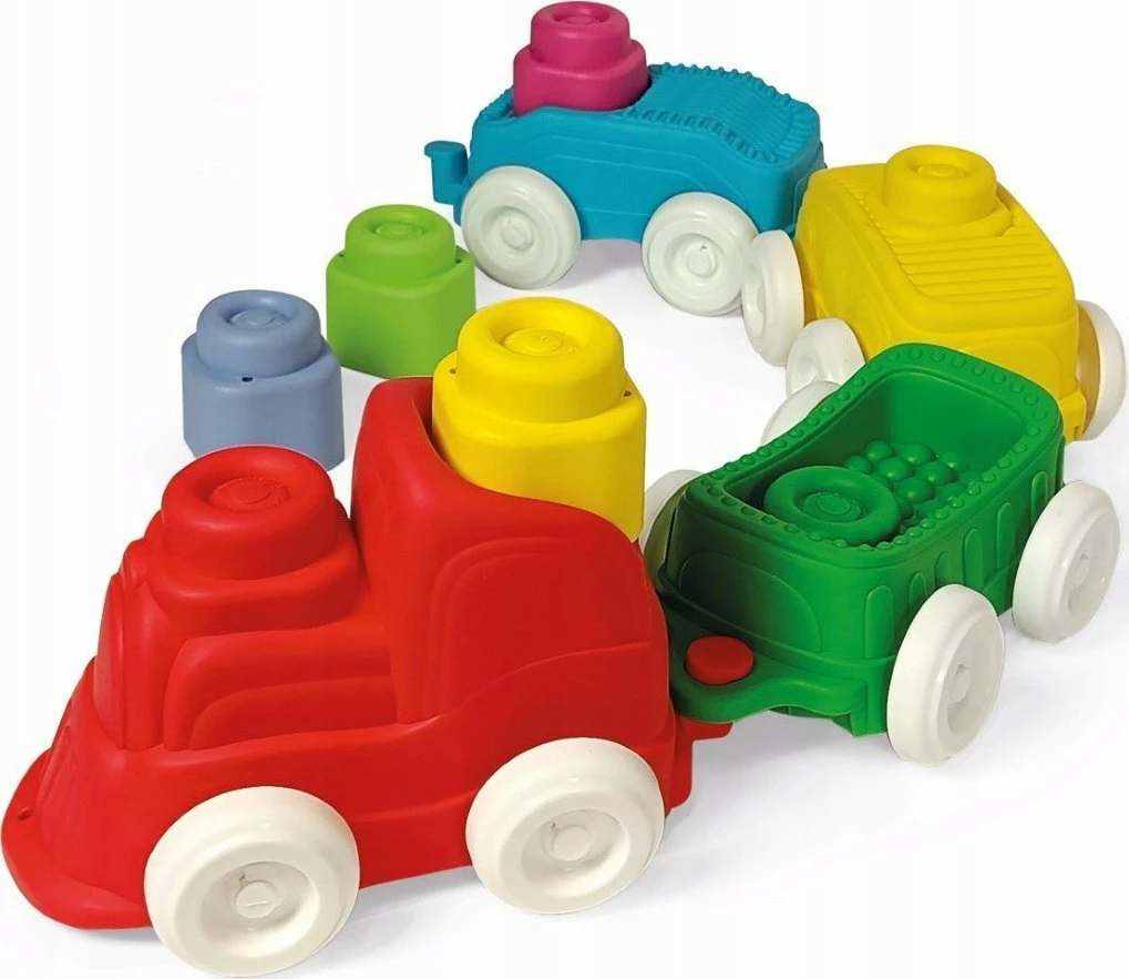 Tren lodër sensorial Clementoni Clemmy Soft Sensory Train, set 1 lokomotivë + 3 vagona + 8 blloqe të buta, shumëngjyrësh