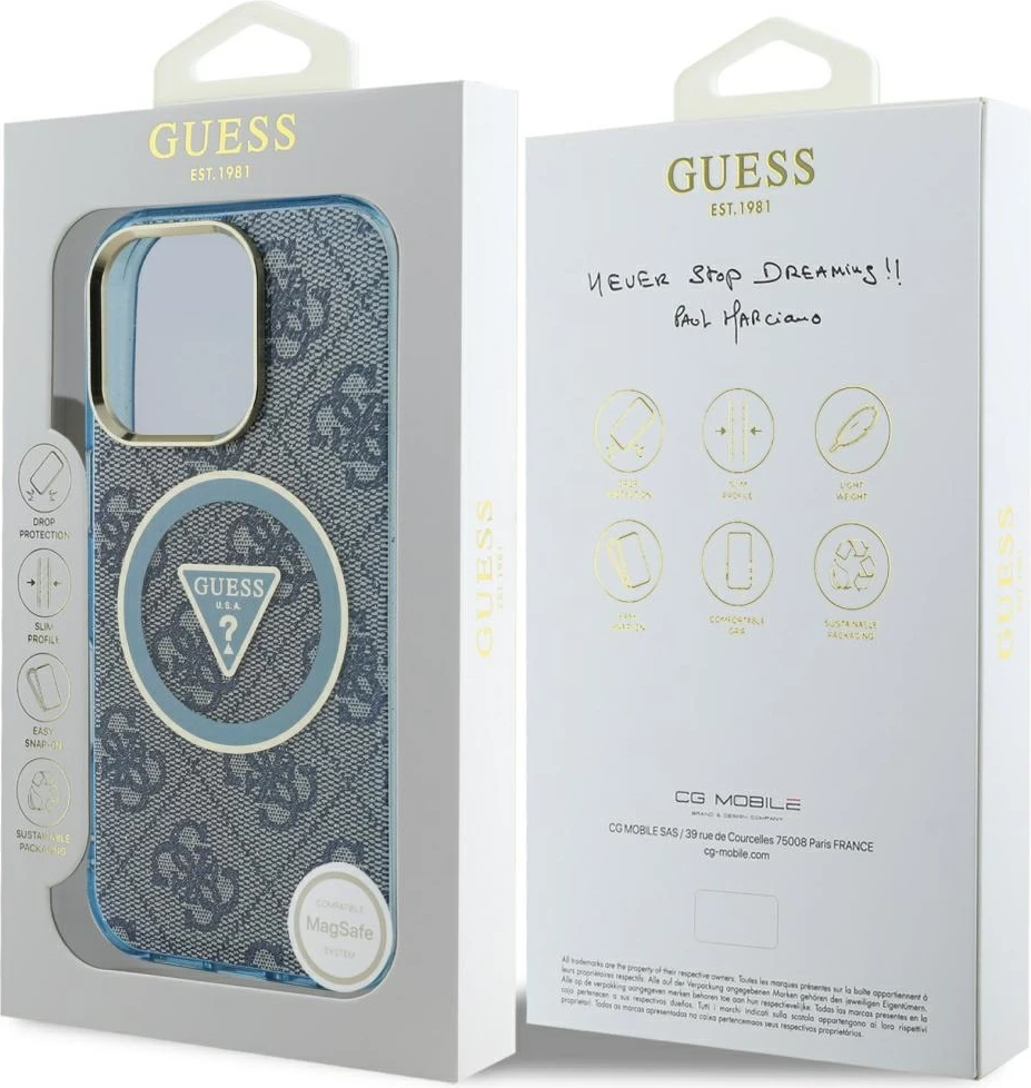 Mbështjellës Guess IML Metal Glitter 4G Circle Triangle MagSafe për iPhone 16 Pro Max, Blu