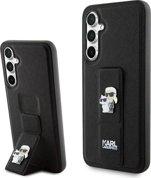 Mbështjellës Karl Lagerfeld Gripstand Saffiano Karl&Choupette Pins për Samsung Galaxy S23 FE, i zi