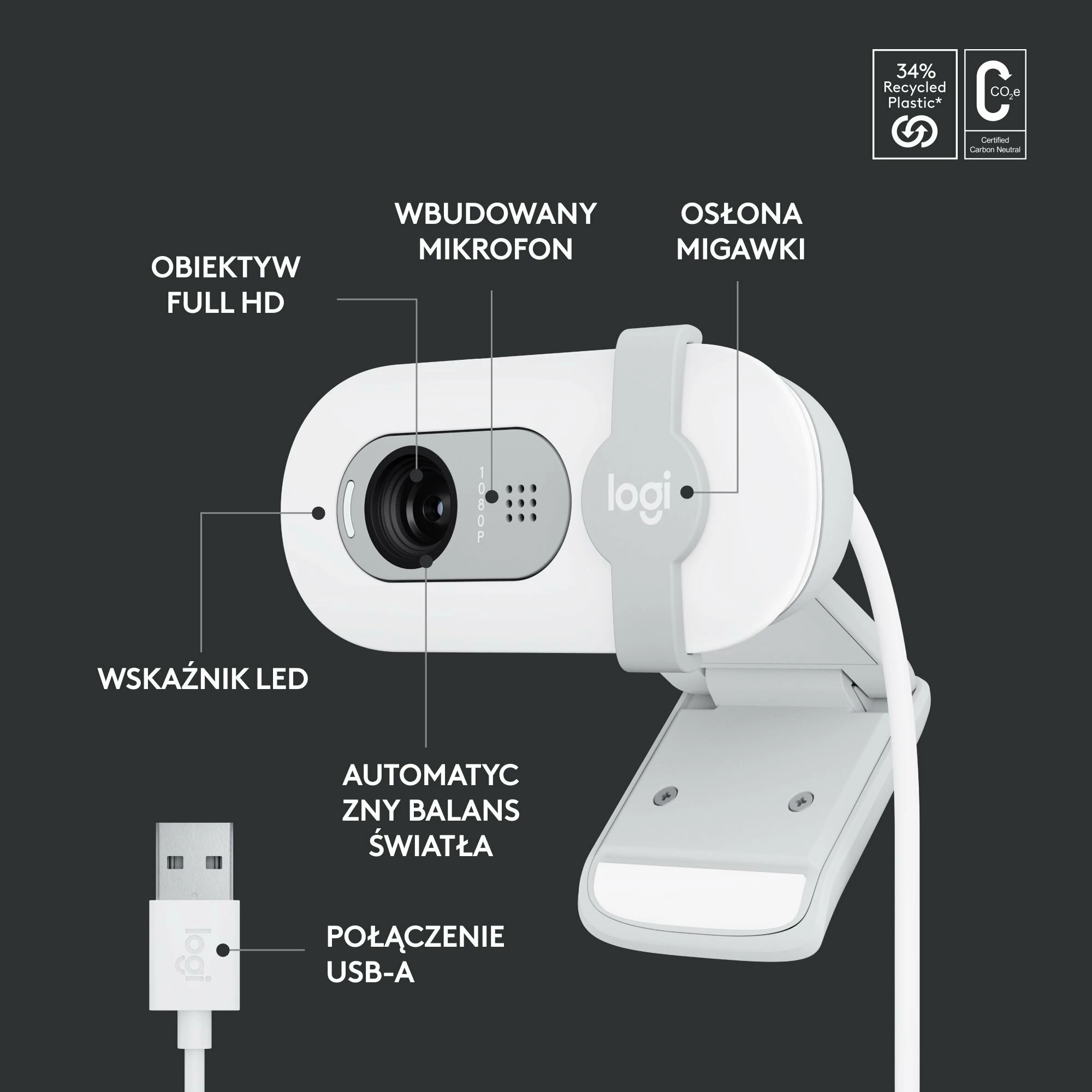 Webkamerë Logitech Brio 100 960-001617 Full HD 1080p USB me mikrofon, e bardhë