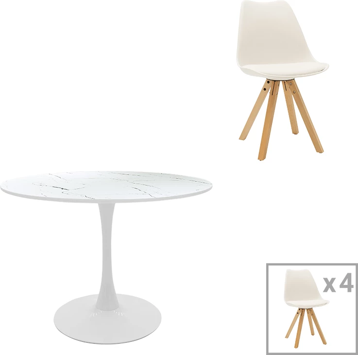 Tavolinë me karrige Balou-Caron, set 5 copë, ngjyrë mermeri të bardhë-natyrale, D100x73cm