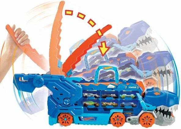 Set garazh/transportues dinosauri Mattel Hot Wheels City T-Rex Mega Transporter HNG50, me drita e tinguj, ruan 20+ vetura, me 2 vetura 1:64, blu/portokalli