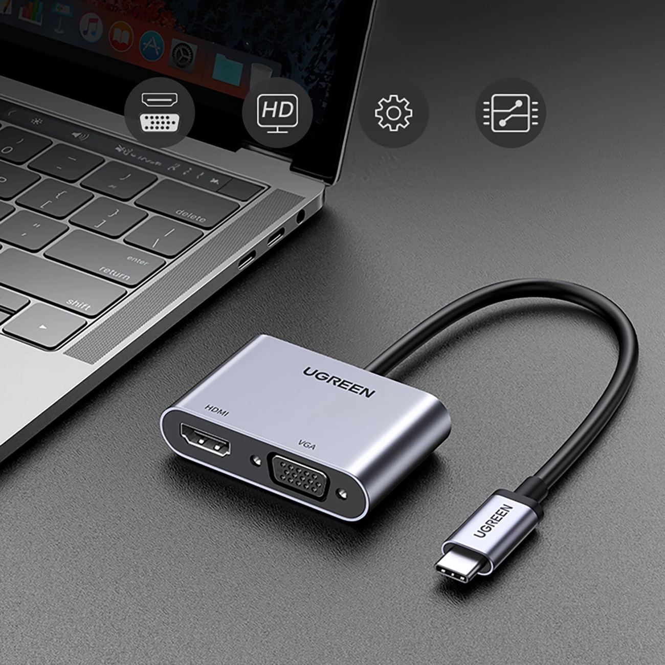 Adapter Ugreen CM162 50505 me HDMI, VGA, USB-A 3.0, USB-C PD, Gri