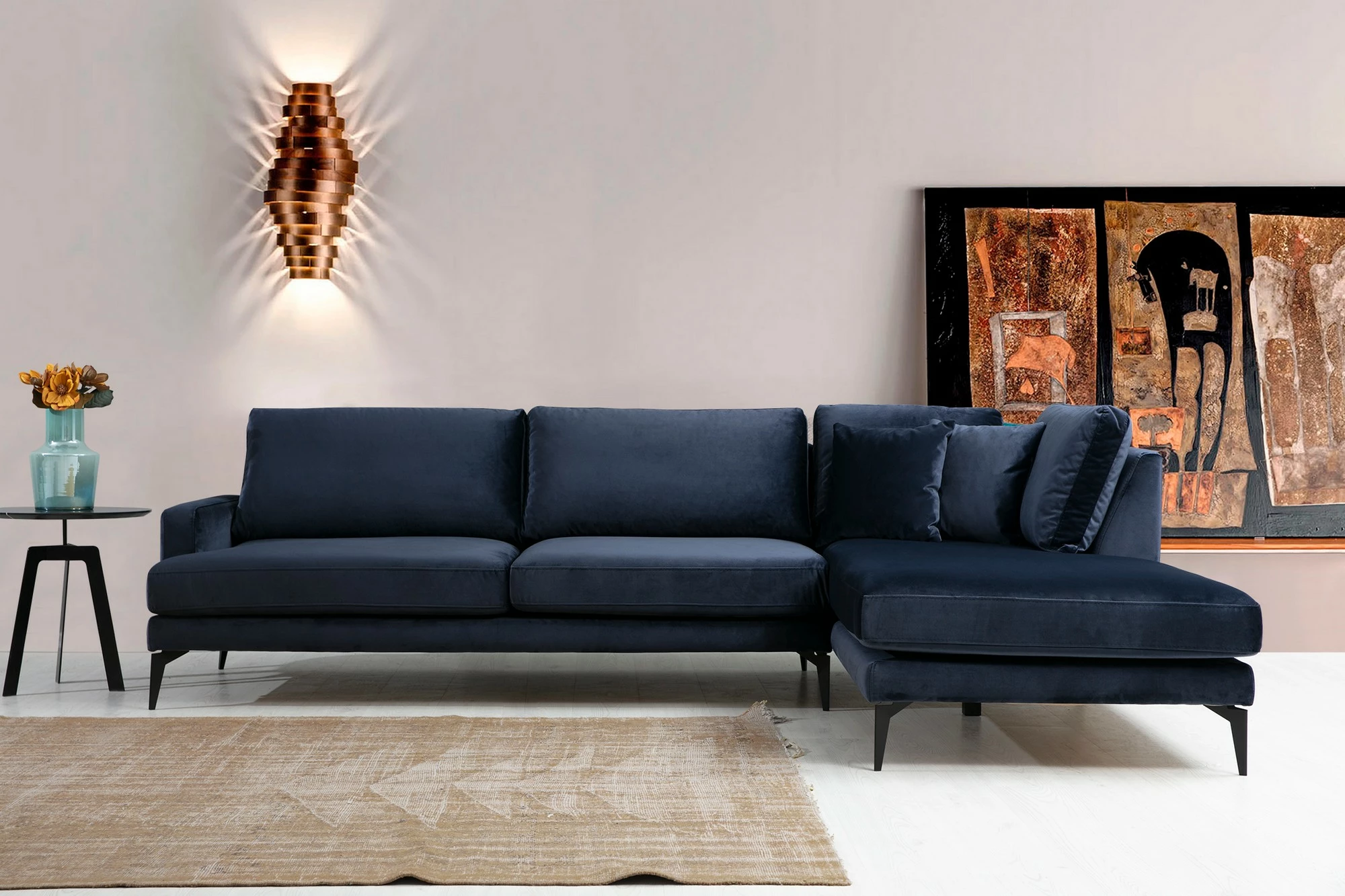 Këndare Atelier del Sofa, Papira Corner Right (L3+Chl), ngjyrë blu e errët, 283x180cm