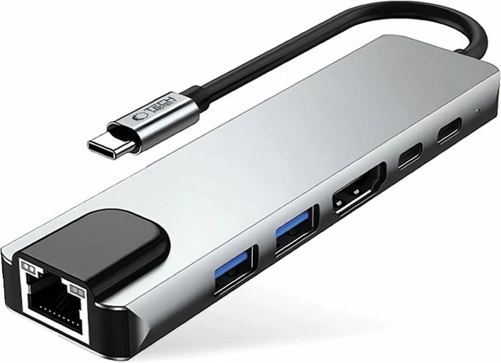 Adapter HUB Tech-Protect HB02 6in1, USB-C, USB 2.0, USB 3.0, HDMI 4K, RJ45, PD 100W, Gri