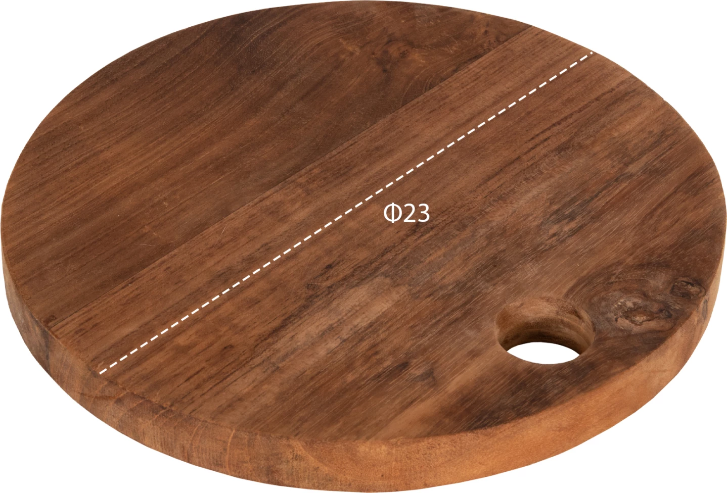 Dërrasë prerëse e rrumbullakët për kuzhinë FH4291, dru tik, ngjyrë natyrale, me vrimë për varje, Φ23x2H cm