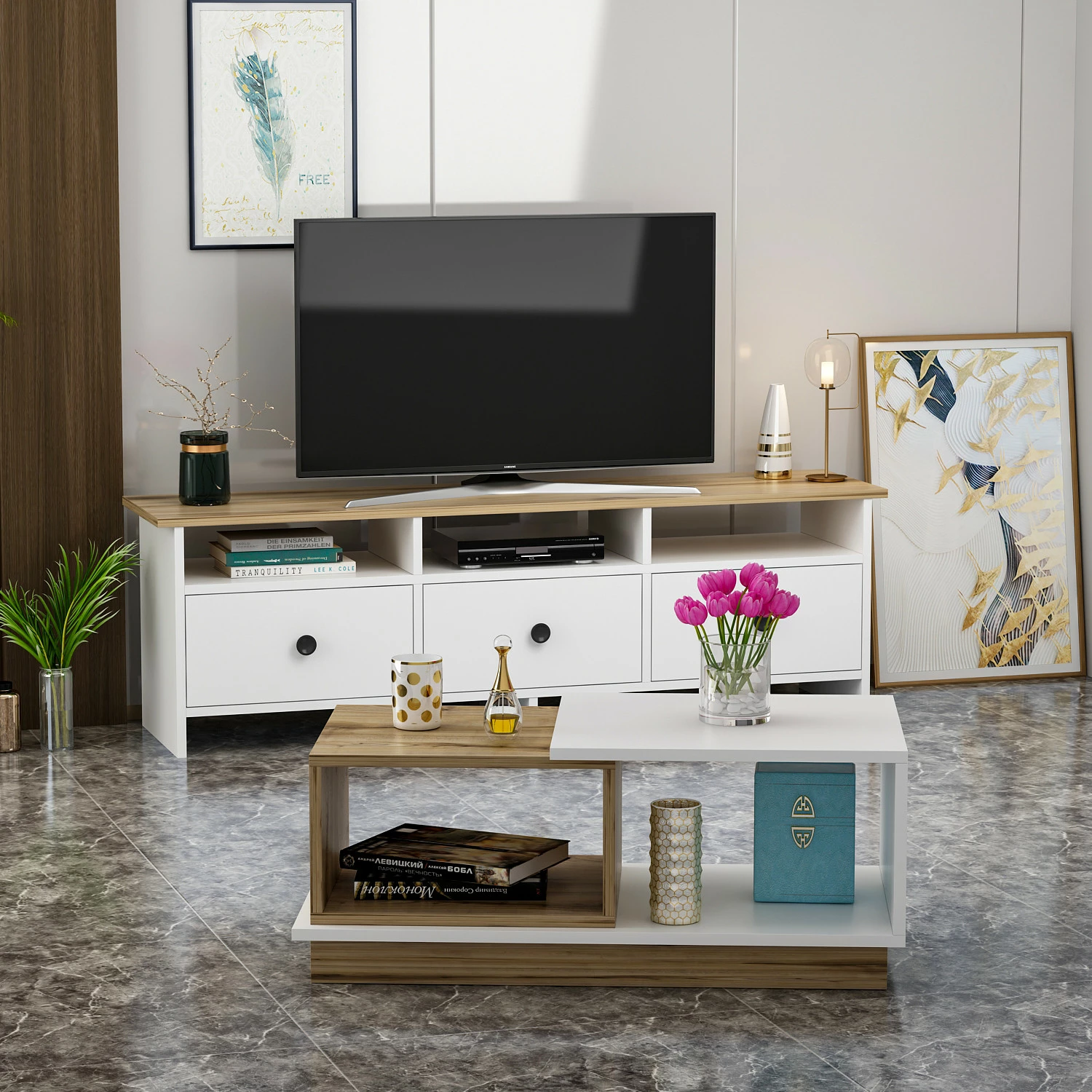 Set mobiljesh për dhomë dite, Skye Decor, Oslo, ngjyrë e bardhë dhe lis