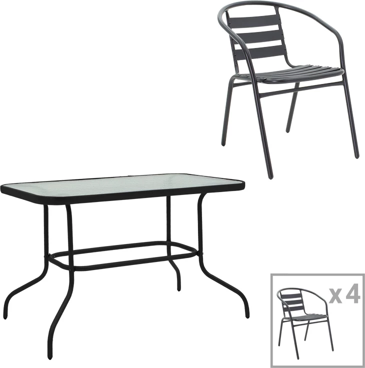 Set tavoline për kopsht Valor-Tade, 5 copë, metal i zi-xham, 110x60x70cm