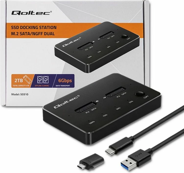 Doking stacion për SSD M.2 SATA Qoltec, 2x porta, e zezë