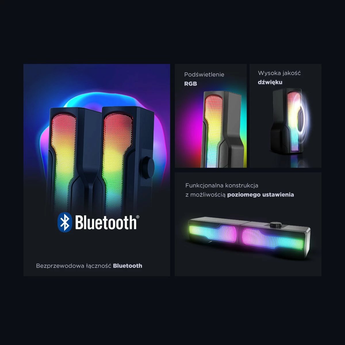 Altoparlantë gaming Rampage Arty X13 2.0 Bluetooth, RGB, USB 5V, të zeza