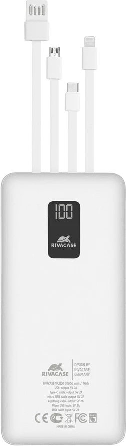 Powerbank RIVACASE VA2220 20000mAh 10W me ekran LCD, 4 kabllo (MicroUSB, Type-C, Lightning, USB-A), i bardhë