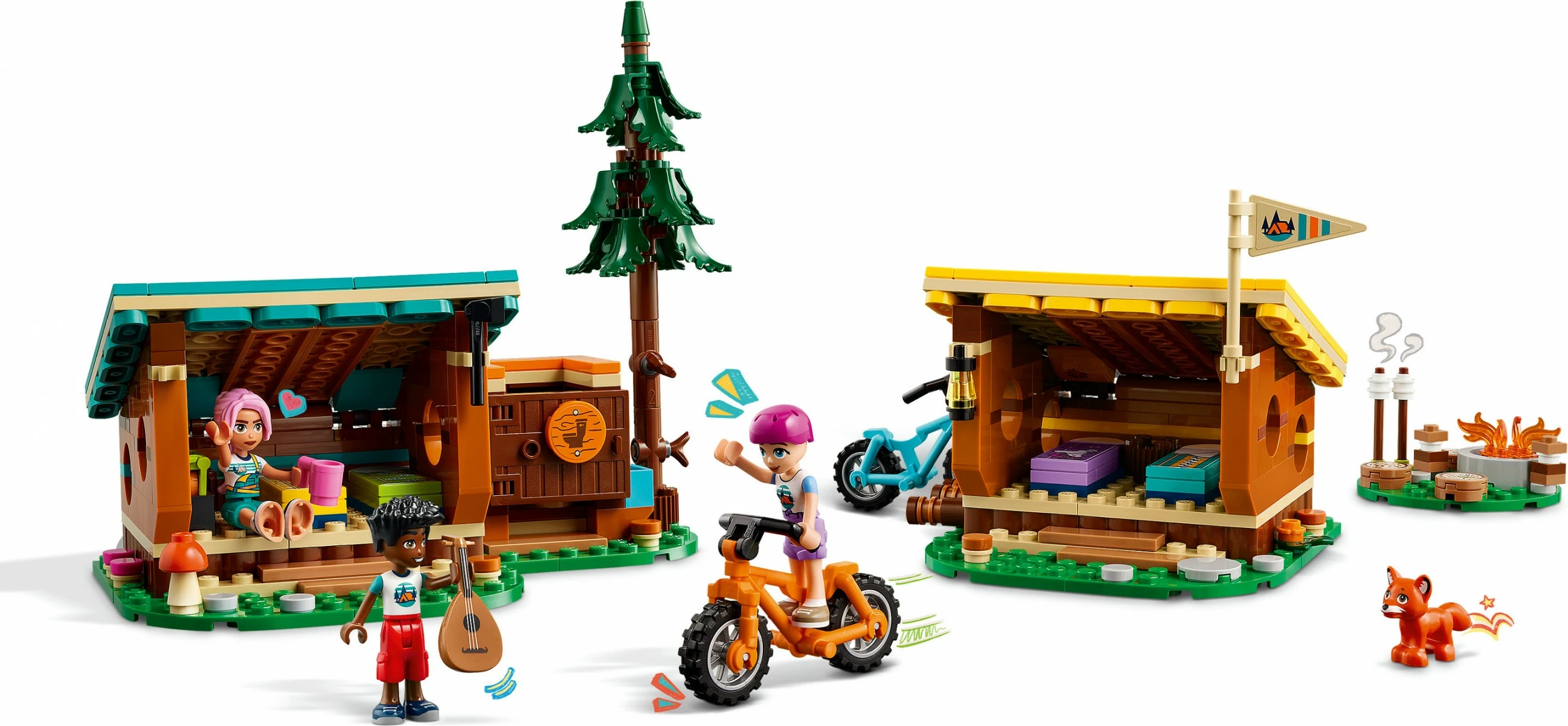 Set LEGO Friends 42624, kamp aventure, kabina të vogla, me figurina dhe biçikleta