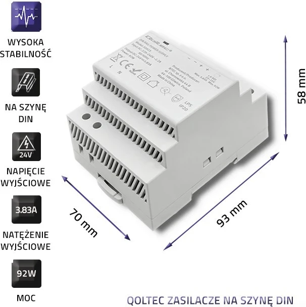 Zasilacz DIN Qoltec 92W 24V 3.83A, Gri