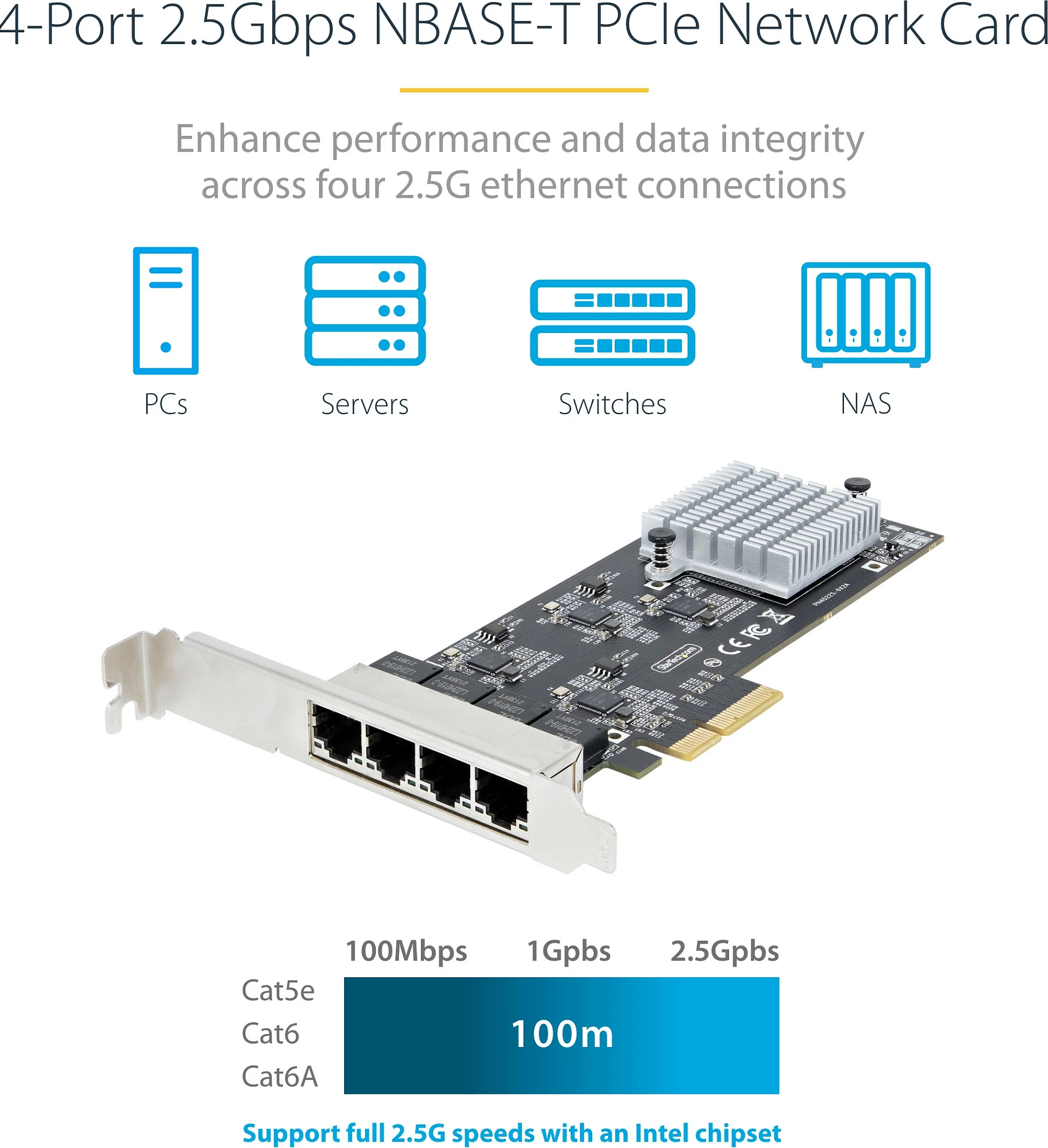 Kartelë rrjeti PCIe StarTech Intel I225-V, 4x RJ-45, 2.5GbE NBASE-T, e brendshme, e zezë