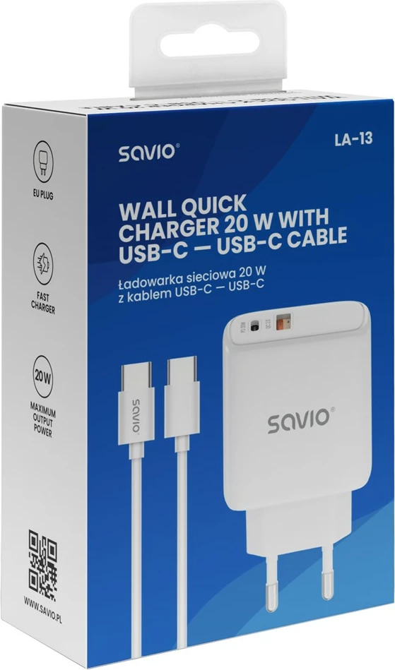 Karikues muri 20W, Savio LA-13, 2 porta USB-A + USB-C, PD 3.0/QC 3.0, me kabllo USB-C në USB-C 1m, e bardhë