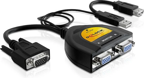 Splitter VGA DeLOCK 61968, 1x VGA në 2x VGA, USB-A, 2048 x 1536, i zi