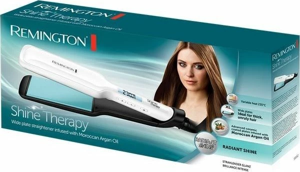 Drejtues flokësh Remington Shine Therapy S8550, 235°C, pllaka qeramike, kabllo 2.5 m, i bardhë