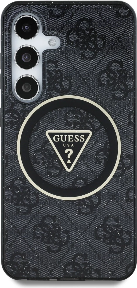 Mbështjellës Guess 4G Glitter Triangle Buttons MagSafe për Samsung Galaxy S25, i zi