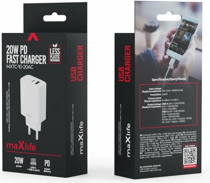 Adapter karikimi Maxlife MXTC-10-20AC 20W PD QC, 1x USB-C + 1x USB, i bardhë