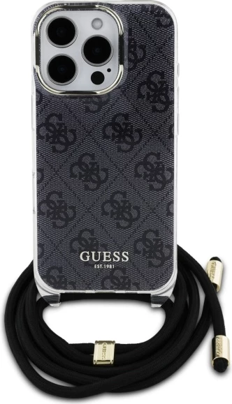 Mbështjellës Guess Crossbody Cord 4G Print për iPhone 16 Pro Max, i zi